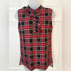 L.A.M.B. Gwen Stefani Top Silk Plaid Sleeveless Blouse Ruffle Collar size 0